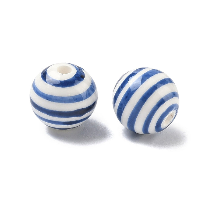 12.5mm Round Ceramic Beads - Blue Stripe Pattern***
