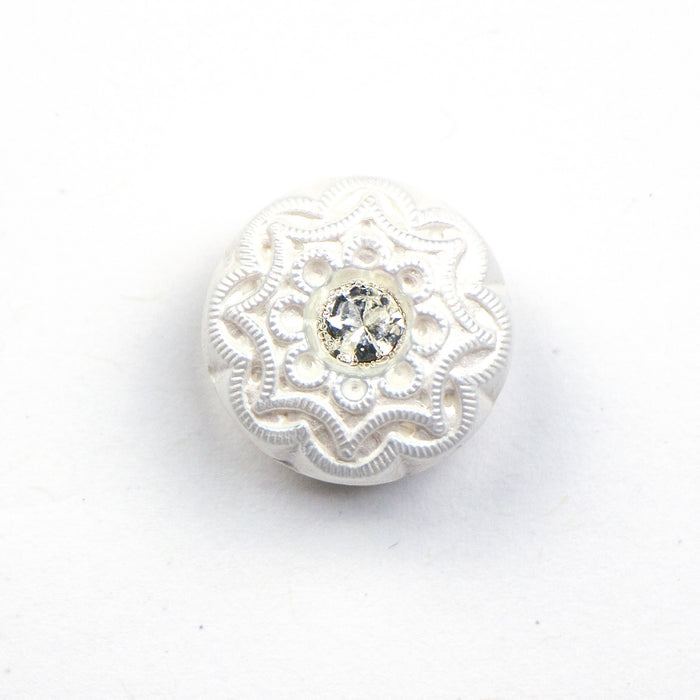 18mm Czech Glass Button- White Flower with Crystal