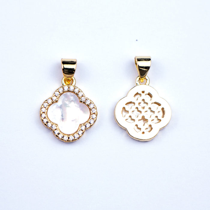 18mm Quatrefoil, Mother of Pearl and Cubic Zirconia Charm - Gold Plated***