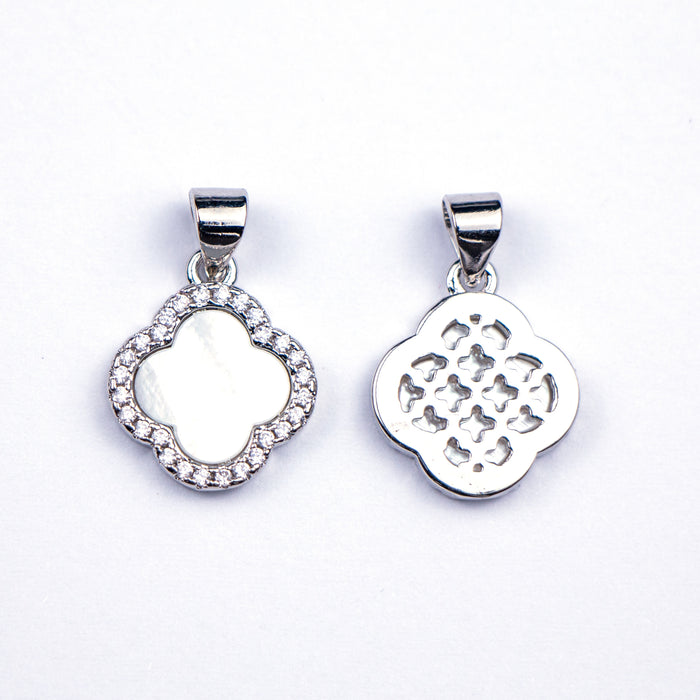 18mm Quatrefoil, Mother of Pearl and Cubic Zirconia Charm - Silver Plated***