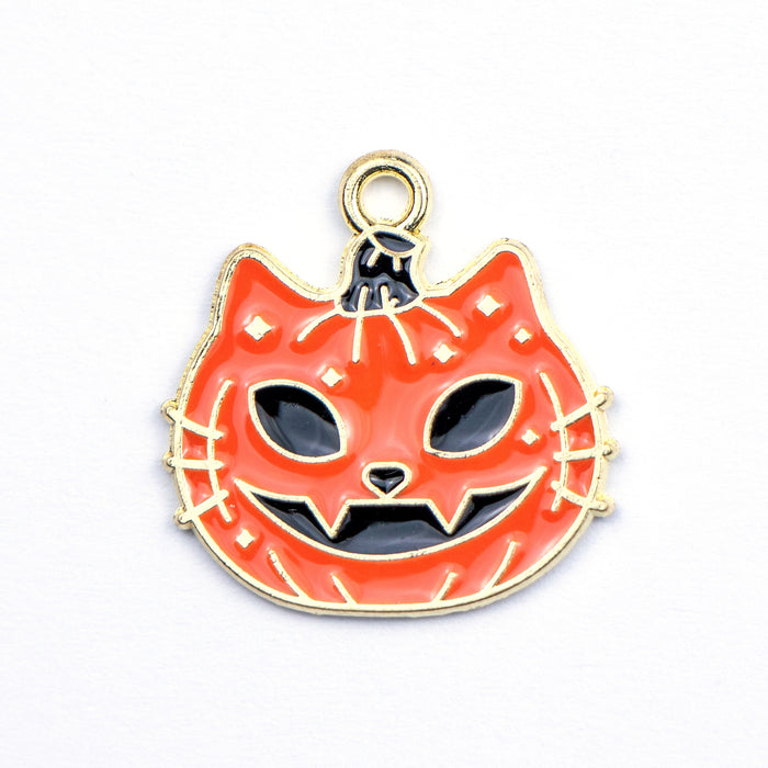 20mm x 20.5mm Pumpkin Cat Charm - Enamel and Base Metal