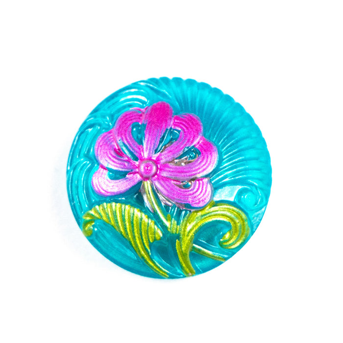 18mm Czech Glass Button - Tiffany Blue and Pink Flower