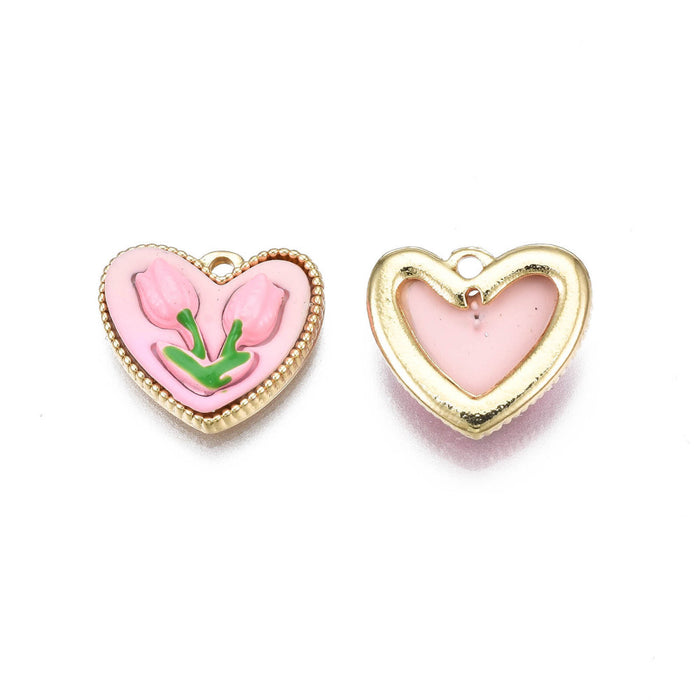 13mm x 15mm Pink Heart with Tulips Charm - Enamel and Base Metal***