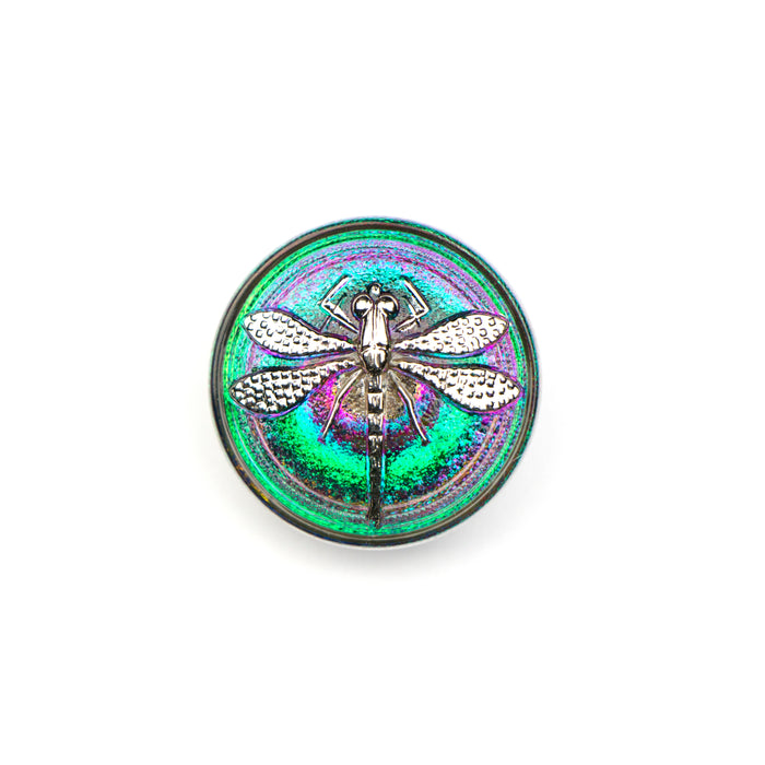 22mm Czech Glass Button- Vitrail and Silver Dragonfly
