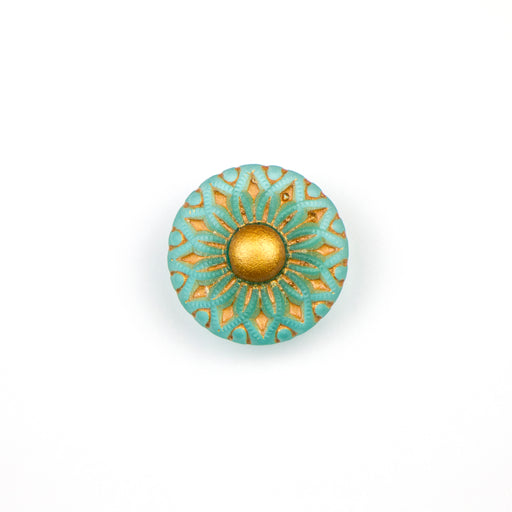 18mm Czech Glass Button- Green and Gold Flower