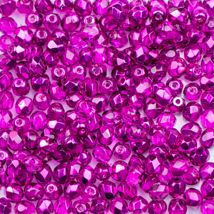 4mm FIRE POLISHED Bead - Crystal Hot Pink Metallic Ice
