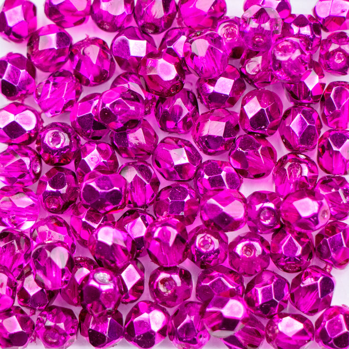 6mm FIRE POLISHED Bead - Crystal Hot Pink Metallic Ice