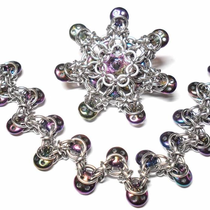 HyperLynks Barbed Wire Beads Bracelet and Pendant Kit - Purple Iris Quadralentils and Vitrail Light Rivoli