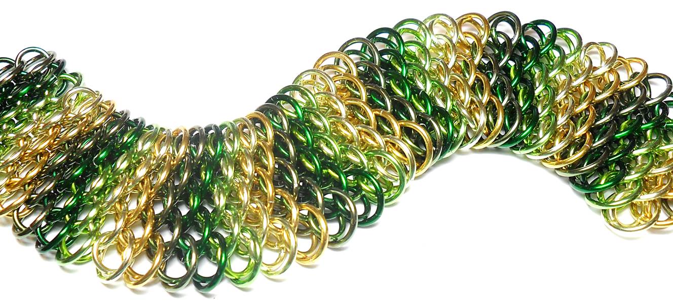 HyperLynks Designer Dragonscale Kit: Chevrons - Greens (Olive, Green, Lime, Lemon-Lime, and Gold, with a Champagne stainless steel lobster clasp)