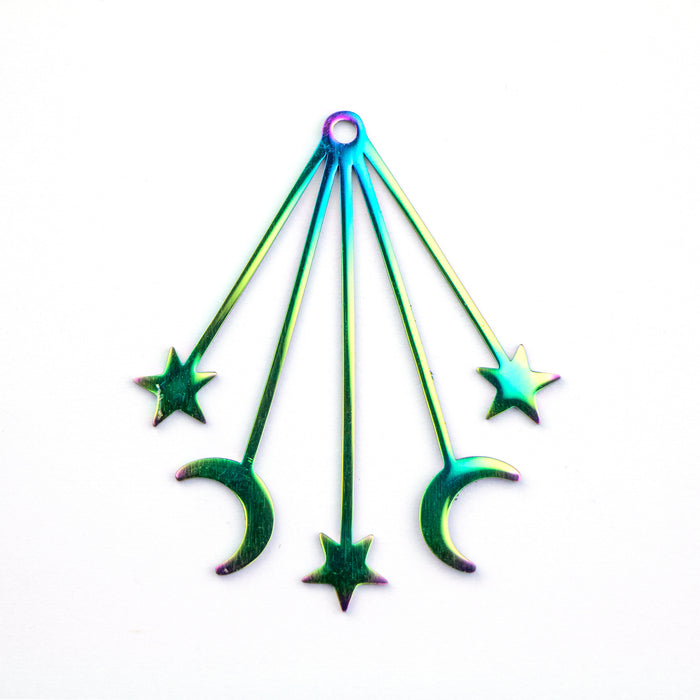 34mm x 41mm Star and Moon Burst - Rainbow Plated Stainless Steel