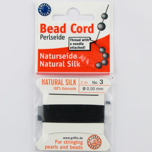 Size 3 (.50mm) - 100% Natural Silk Bead Cord - Black