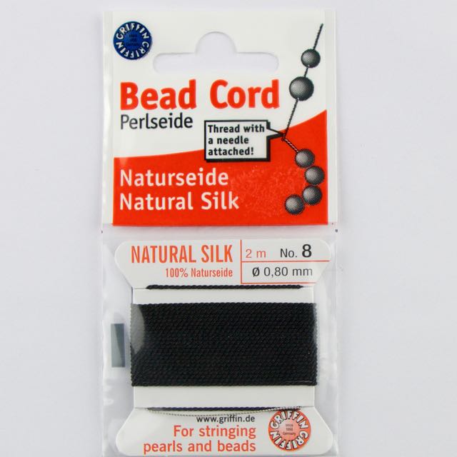 Size 8 (.80mm) - 100% Natural Silk Bead Cord - Black