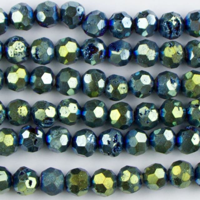 8mm Faceted Round DRUZY AGATE Blue-Green - 8 inch Strand
