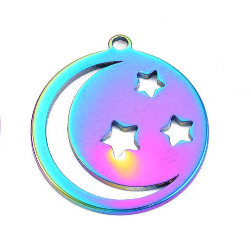 12mm x 14mm Moon and Star Charm - Rainbow Plated Stainless Steel